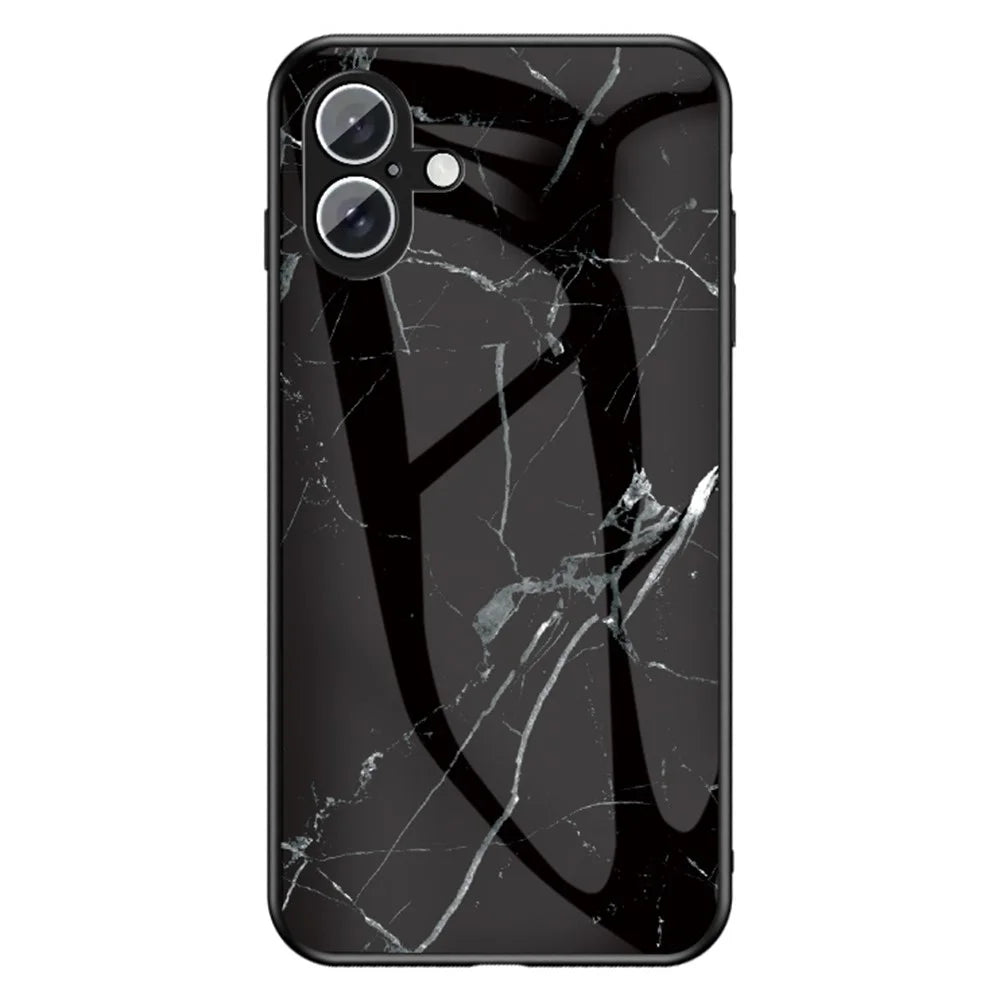 For iPhone 16 Case Marble Pattern Tempered Glass + PC + TPU Protective Phone Cover - Black Marble - 1