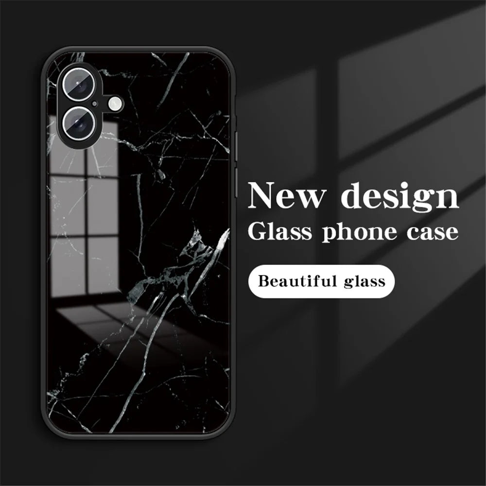 For iPhone 16 Case Marble Pattern Tempered Glass + PC + TPU Protective Phone Cover - Black Marble - 2