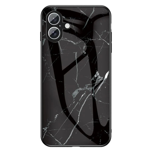 For iPhone 16 Plus Case Marble Pattern Tempered Glass + PC + TPU Protective Phone Cover - Black Marble - 1