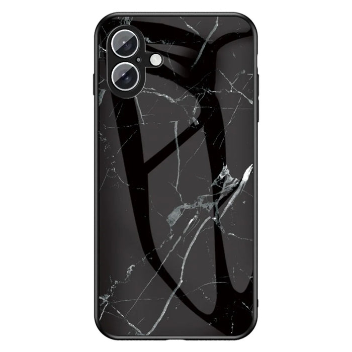 For iPhone 16 Plus Case Marble Pattern Tempered Glass + PC + TPU Protective Phone Cover - Black Marble - 1