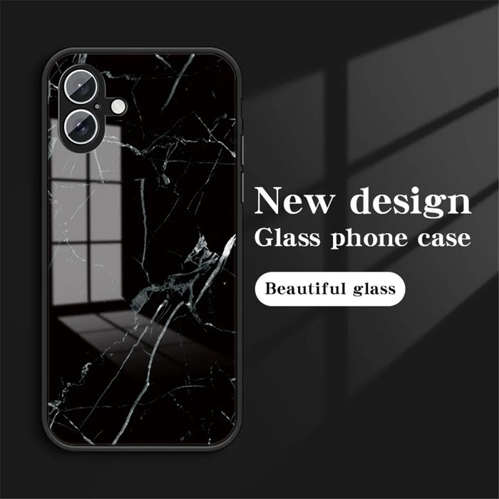 For iPhone 16 Plus Case Marble Pattern Tempered Glass + PC + TPU Protective Phone Cover - Black Marble - 2