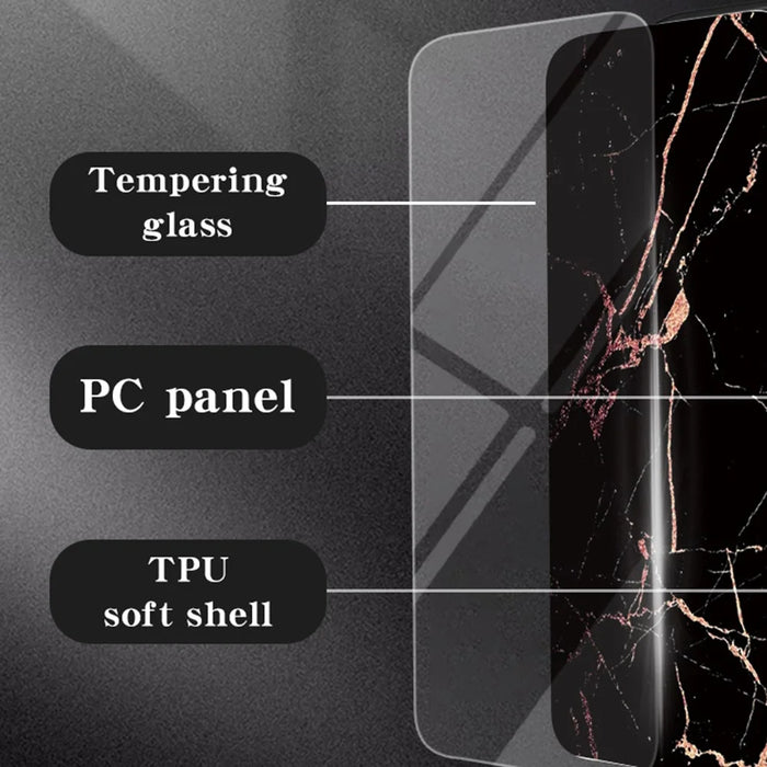 For iPhone 16 Plus Case Marble Pattern Tempered Glass + PC + TPU Protective Phone Cover - Black Marble - 4