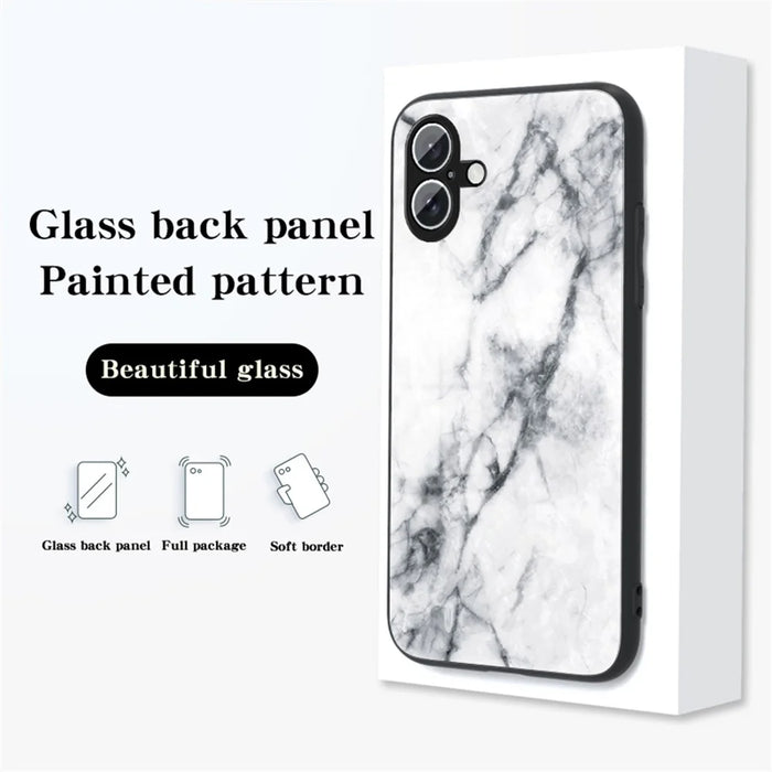 For iPhone 16 Plus Case Marble Pattern Tempered Glass + PC + TPU Protective Phone Cover - Black Marble - 5