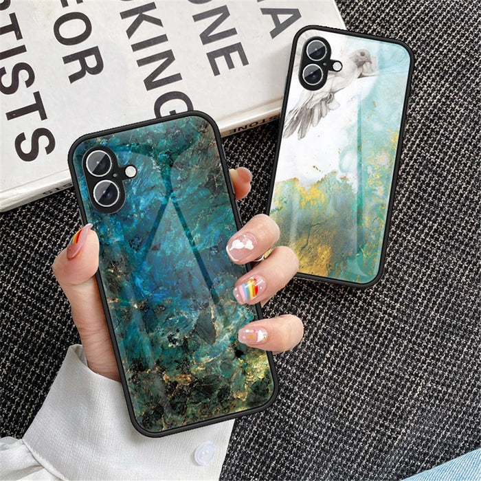 For iPhone 16 Plus Case Marble Pattern Tempered Glass + PC + TPU Protective Phone Cover - Black Marble - 7