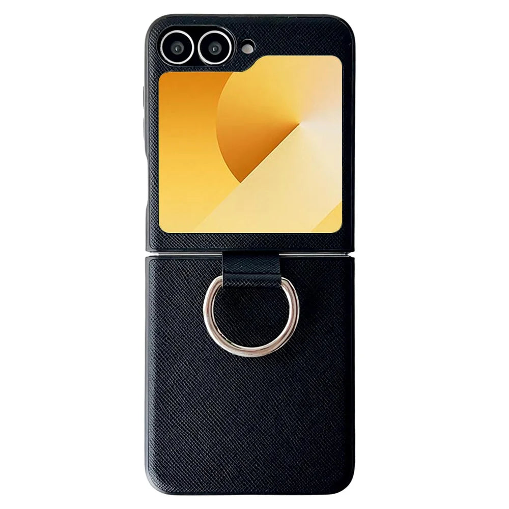 For Samsung Galaxy Z Flip7 FE 5G / Z Flip6 5G Case Ring Holder Hard PC Protective Phone Cover - Cross Texture - 1