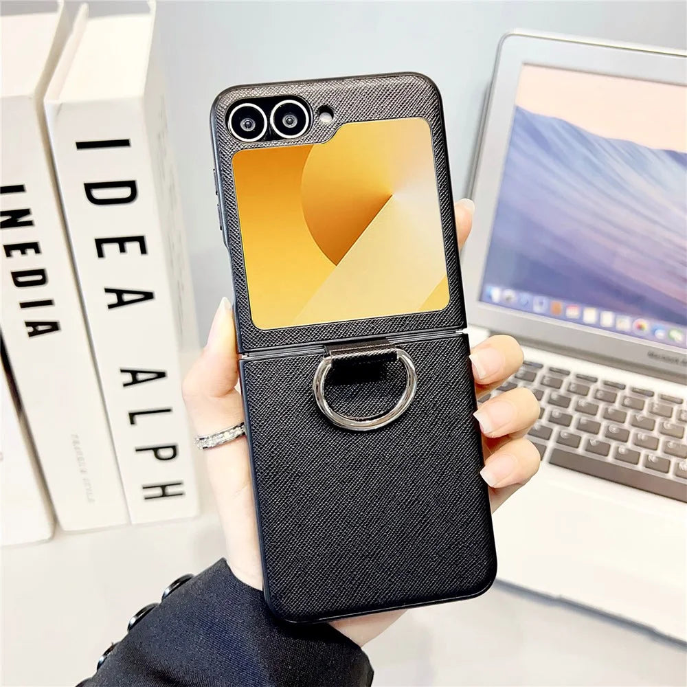 For Samsung Galaxy Z Flip7 FE 5G / Z Flip6 5G Case Ring Holder Hard PC Protective Phone Cover - Cross Texture - 3