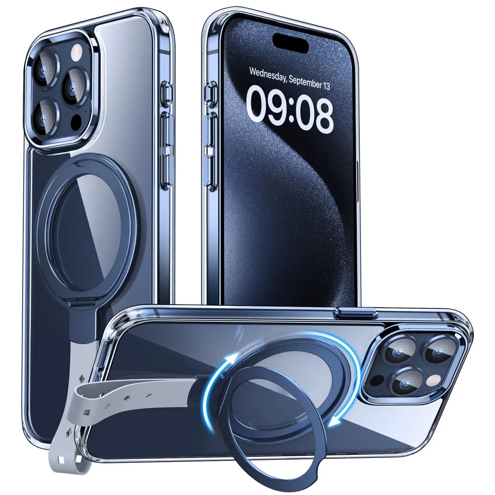 For iPhone 16 Pro Case Magnetic Rotatable Kickstand Hard PC Phone Cover - Blue / Grey Rope - 1