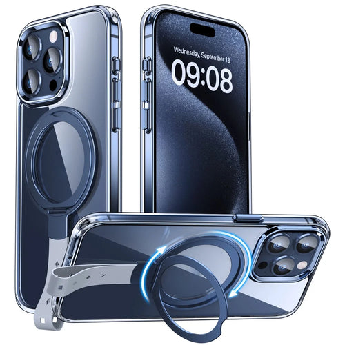 For iPhone 16 Pro Case Magnetic Rotatable Kickstand Hard PC Phone Cover - Blue / Grey Rope - 1