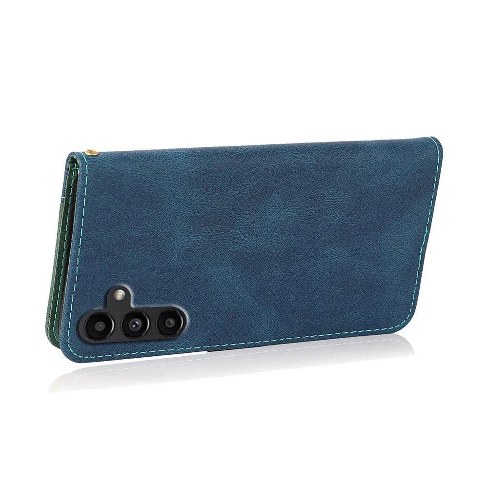 For Samsung Galaxy A16 5G / A16 4G Cover Color Splicing Wallet Stand Leather Phone Case with Wrist Strap - Blue+Green - 4
