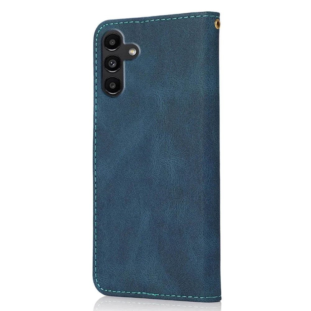 For Samsung Galaxy A16 5G / A16 4G Cover Color Splicing Wallet Stand Leather Phone Case with Wrist Strap - Blue+Green - 6