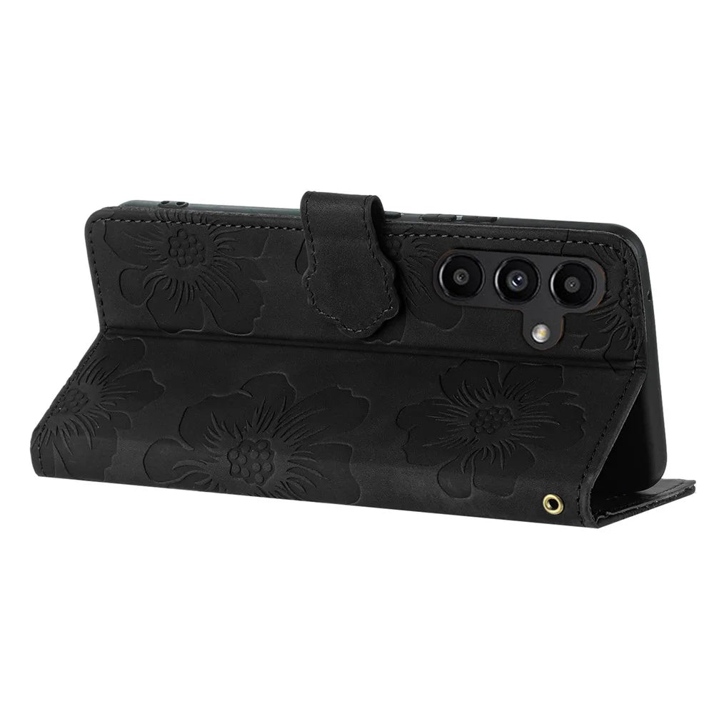 For Samsung Galaxy A16 5G / A16 4G Case Flower Design Leather Wallet Phone Cover with Wrist Strap - Black - 4