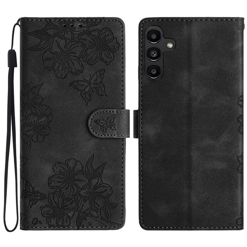 For Samsung Galaxy A16 5G / A16 4G Case Butterfly Flower Pattern Skin-Touch Leather Phone Cover - Black - 1