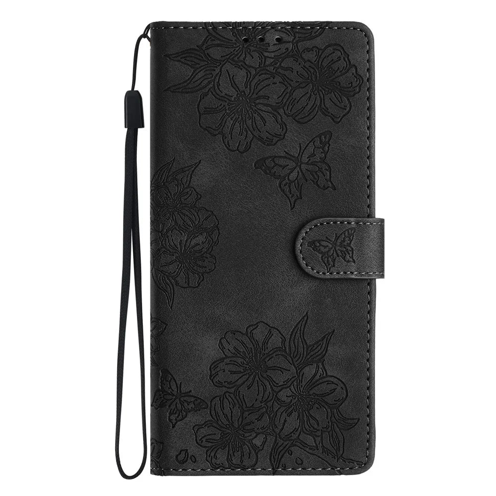 For Samsung Galaxy A16 5G / A16 4G Case Butterfly Flower Pattern Skin-Touch Leather Phone Cover - Black - 7