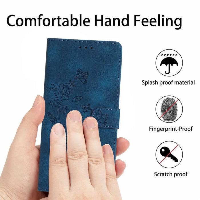 For Samsung Galaxy A16 5G / A16 4G Case Leather Imprinted Flower Phone Cover Wallet with Wrist Strap - Blue - 5