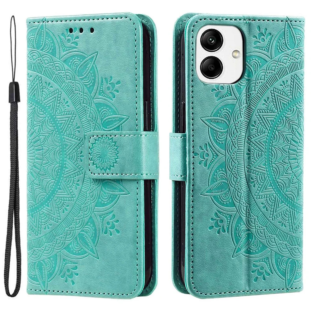 For Samsung Galaxy A04 4G (164.4 x 76.3 x 9.1 mm) Mandala Flower Pattern Imprinted Stand Case Shockproof PU Leather Wallet Phone Cover - Green - 1