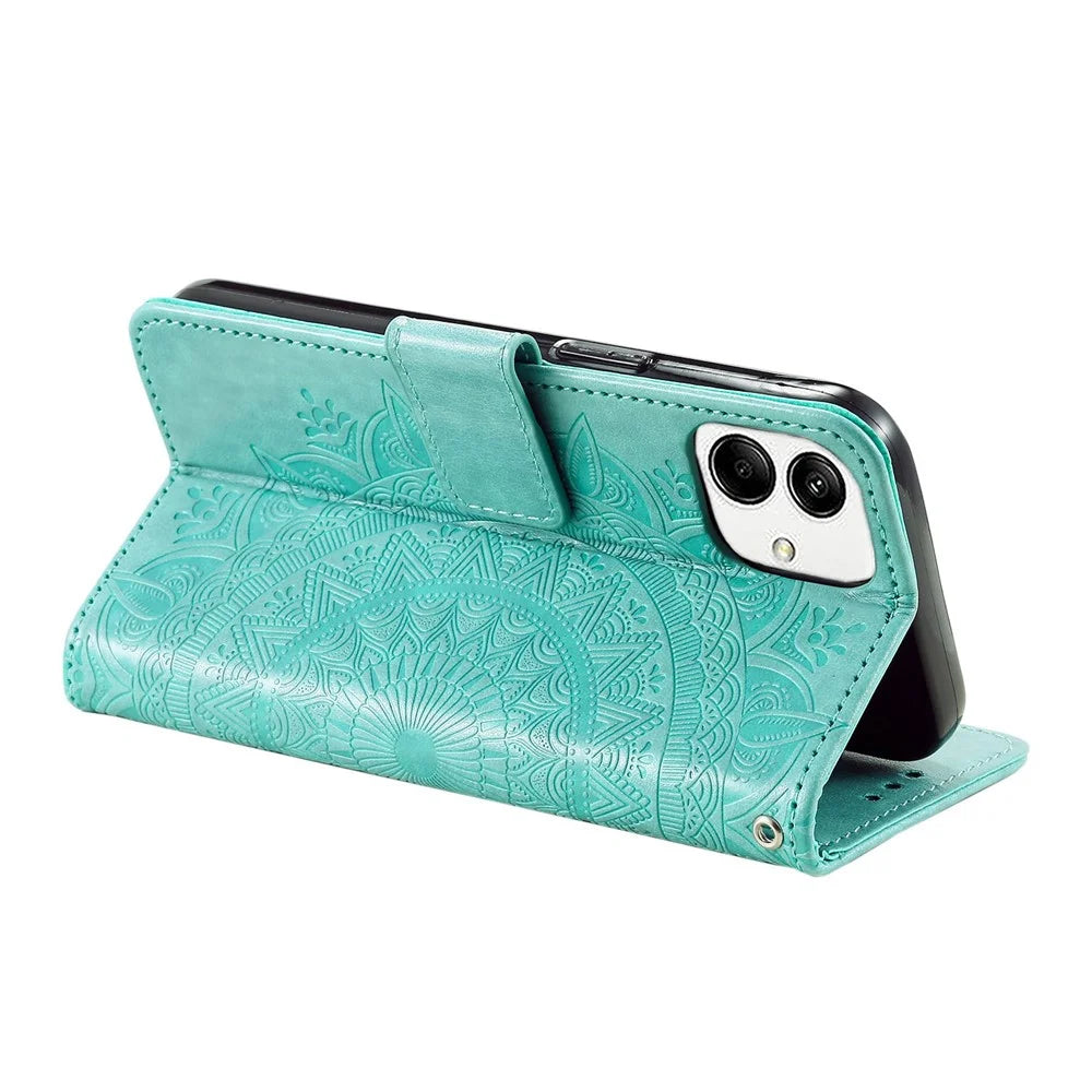 For Samsung Galaxy A04 4G (164.4 x 76.3 x 9.1 mm) Mandala Flower Pattern Imprinted Stand Case Shockproof PU Leather Wallet Phone Cover - Green - 4