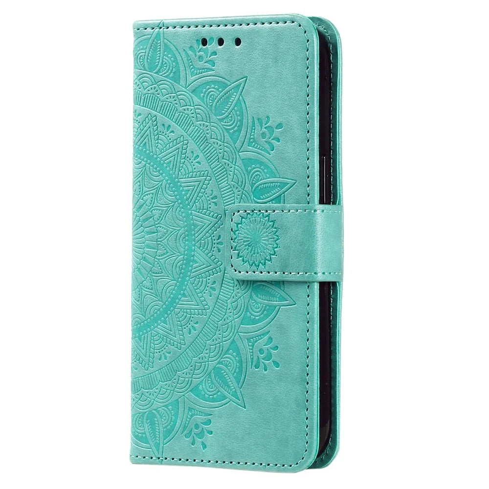 For Samsung Galaxy A04 4G (164.4 x 76.3 x 9.1 mm) Mandala Flower Pattern Imprinted Stand Case Shockproof PU Leather Wallet Phone Cover - Green - 5