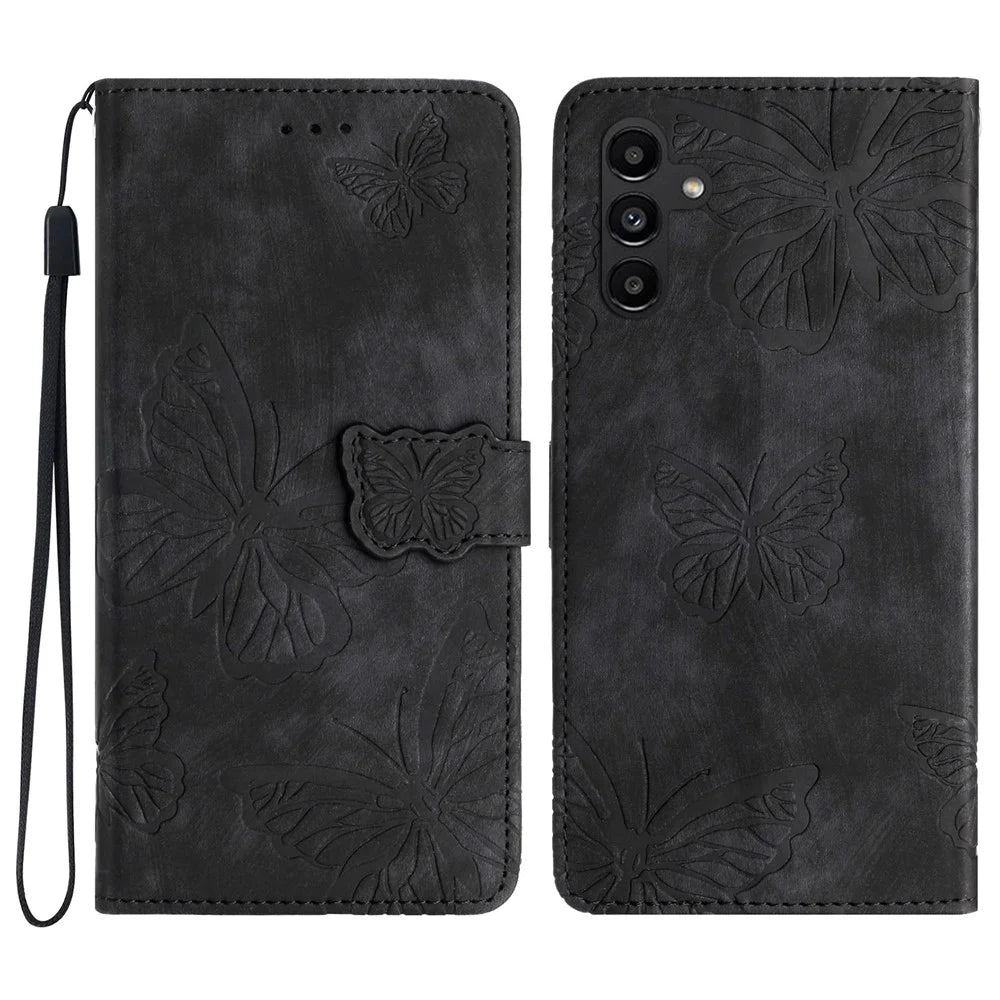 For Samsung Galaxy A16 5G / A16 4G Case Butterfly Design Flip Wallet Leather Phone Cover Skin-Touch - Black - 1