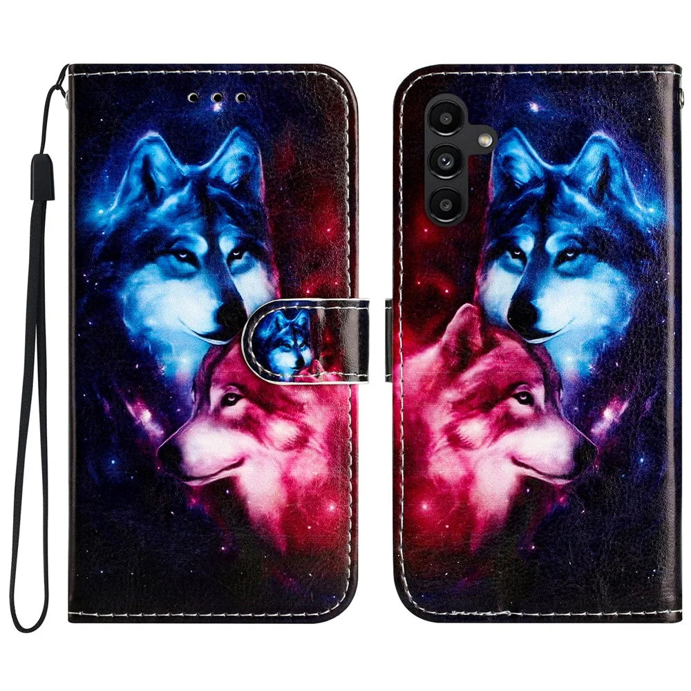 For Samsung Galaxy A16 5G / A16 4G Wallet Case Printed Pattern Design Leather Phone Cover - Couple Wolf - 1