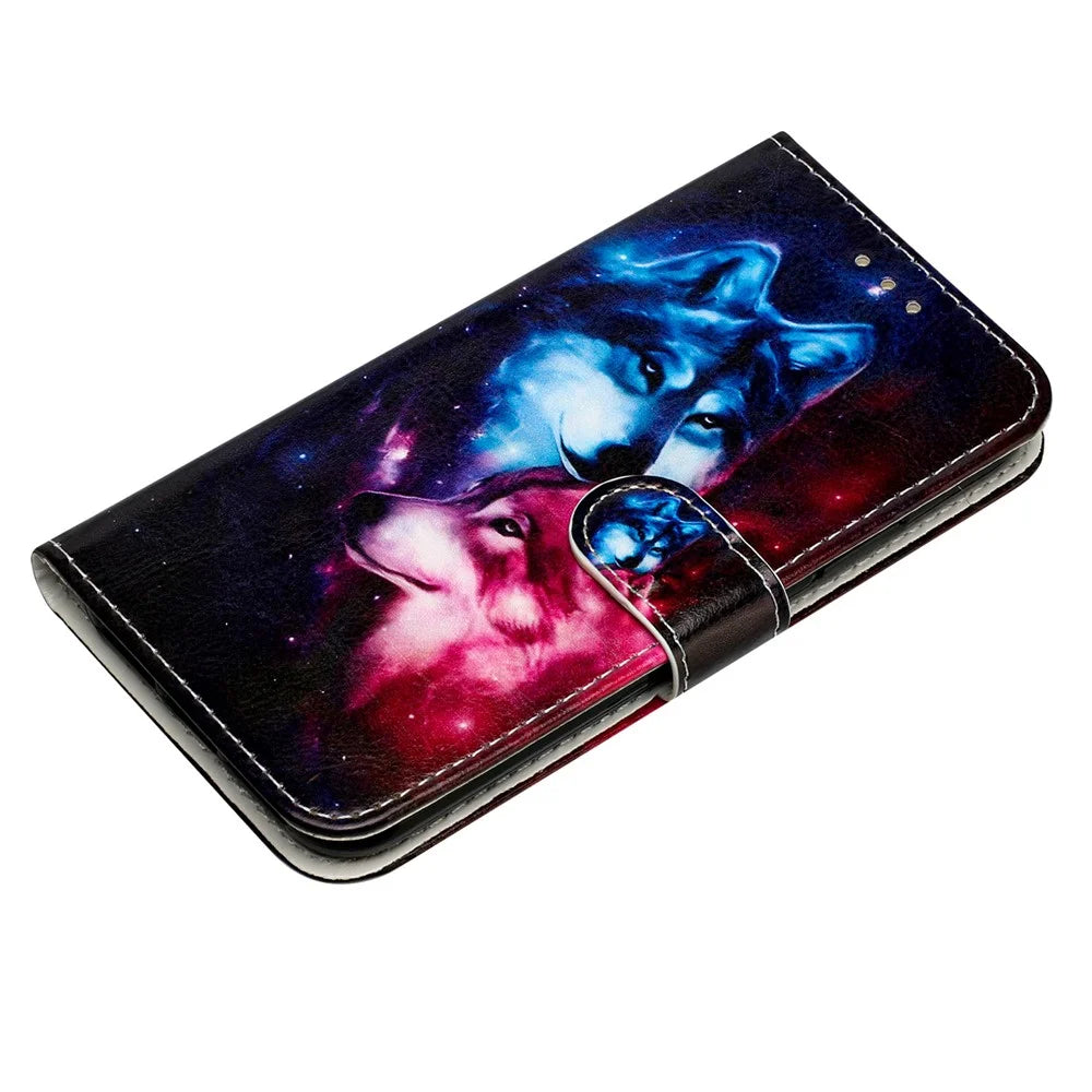 For Samsung Galaxy A16 5G / A16 4G Wallet Case Printed Pattern Design Leather Phone Cover - Couple Wolf - 4