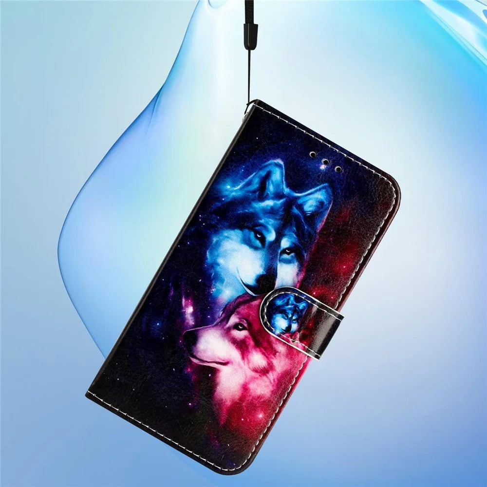 For Samsung Galaxy A16 5G / A16 4G Wallet Case Printed Pattern Design Leather Phone Cover - Couple Wolf - 5