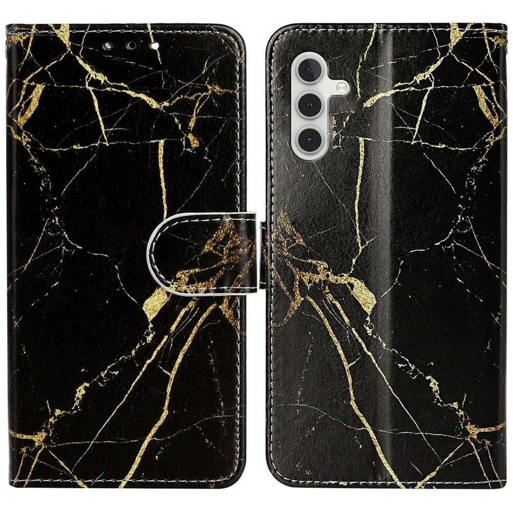 For Samsung Galaxy A16 5G / A16 4G Case Pattern PU Leather Flip Phone Cover - Black Gold Marble - 1
