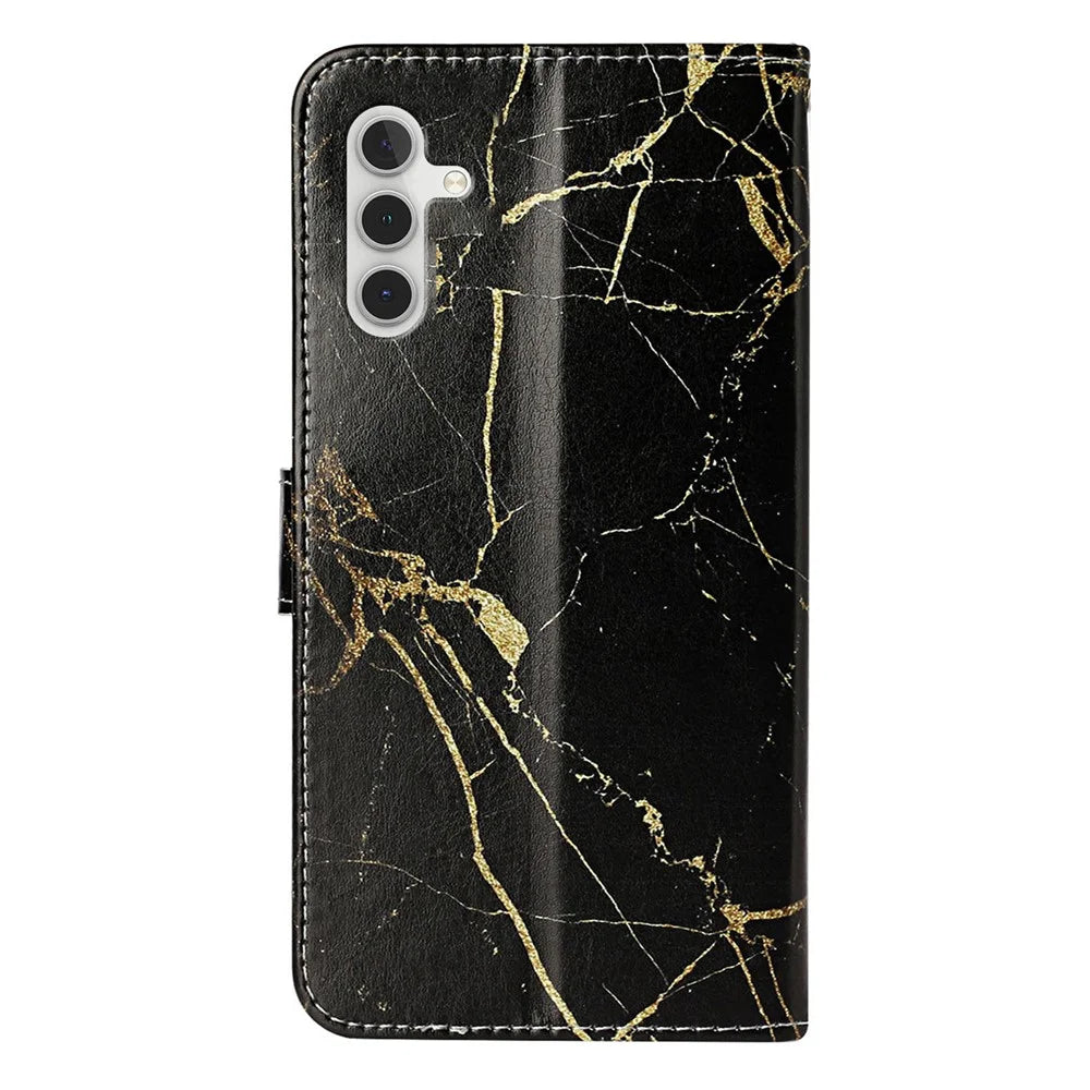 For Samsung Galaxy A16 5G / A16 4G Case Pattern PU Leather Flip Phone Cover - Black Gold Marble - 6