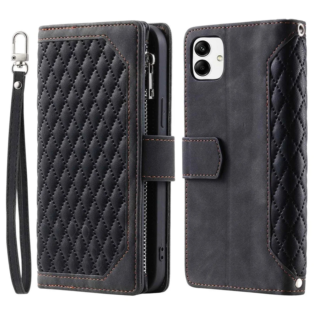 For Samsung Galaxy A04 4G (164.4 x 76.3 x 9.1 mm) 005 Style PU Leather Magnetic Handbag Rhombus Imprinted Zipper Pocket Multiple Card Slots Wallet Stand Cover   with Wrist Strap - Black - 1