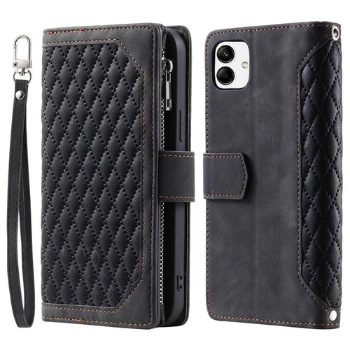 For Samsung Galaxy A04 4G (164.4 x 76.3 x 9.1 mm) 005 Style PU Leather Magnetic Handbag Rhombus Imprinted Zipper Pocket Multiple Card Slots Wallet Stand Cover   with Wrist Strap - Black - 1