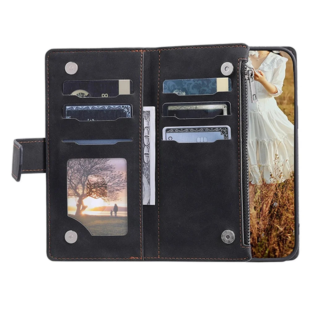 For Samsung Galaxy A04 4G (164.4 x 76.3 x 9.1 mm) 005 Style PU Leather Magnetic Handbag Rhombus Imprinted Zipper Pocket Multiple Card Slots Wallet Stand Cover   with Wrist Strap - Black - 2