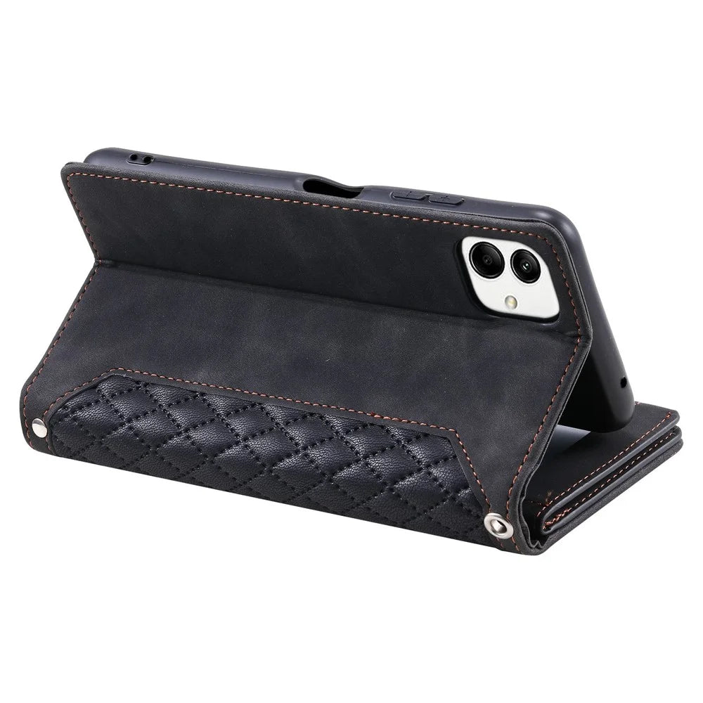 For Samsung Galaxy A04 4G (164.4 x 76.3 x 9.1 mm) 005 Style PU Leather Magnetic Handbag Rhombus Imprinted Zipper Pocket Multiple Card Slots Wallet Stand Cover   with Wrist Strap - Black - 4