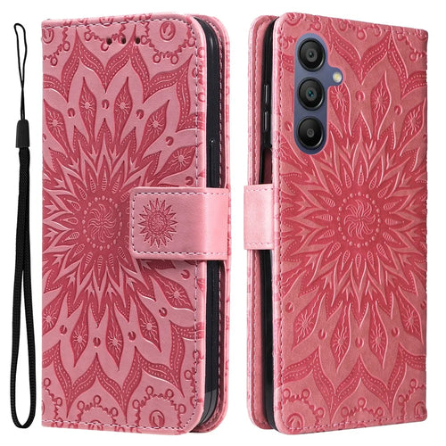 For Samsung Galaxy A26 5G / A16 5G / A16 4G Phone Case Sunflower Imprinted Leather Wallet Stand Cover with Strap - Rose - 1