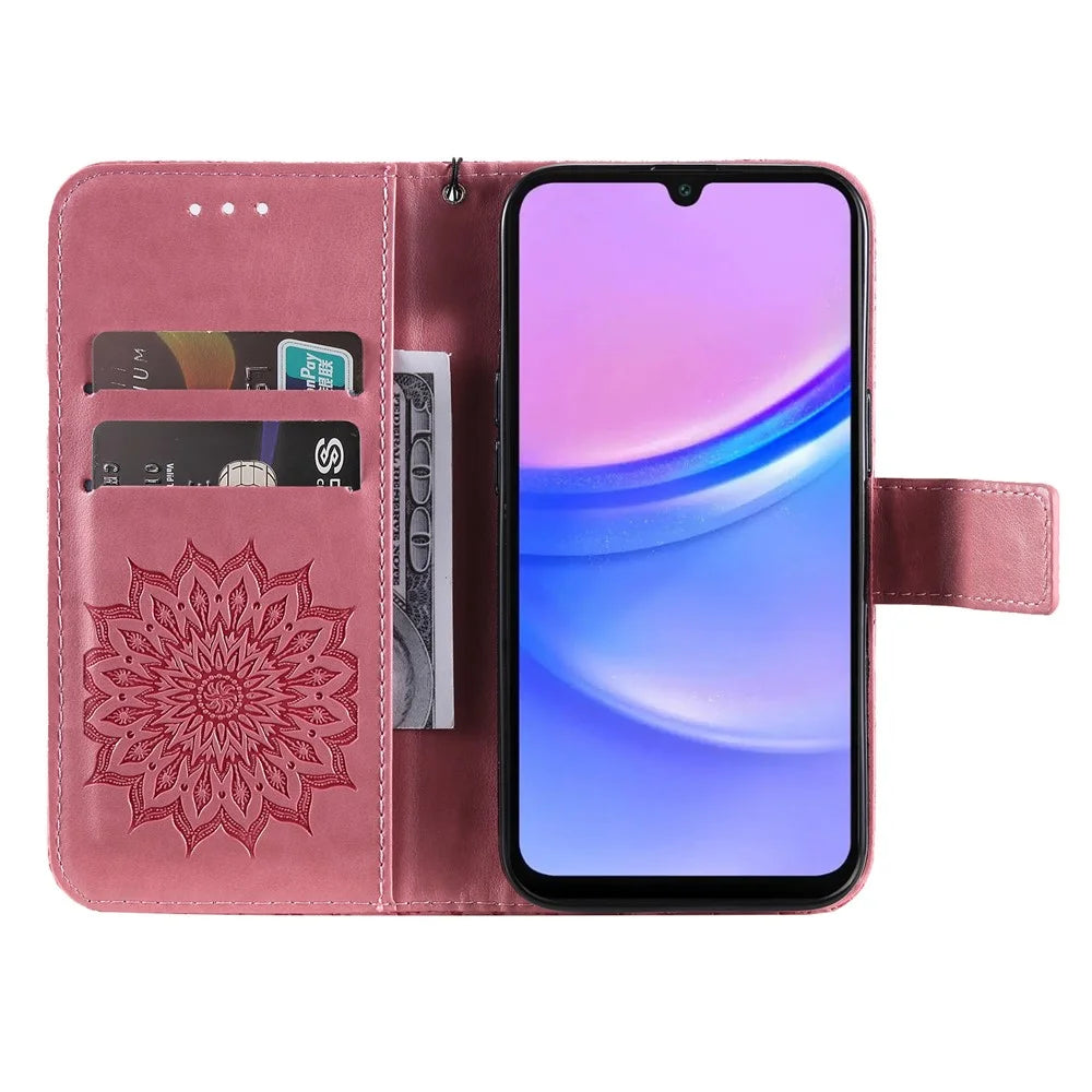 For Samsung Galaxy A26 5G / A16 5G / A16 4G Phone Case Sunflower Imprinted Leather Wallet Stand Cover with Strap - Rose - 2