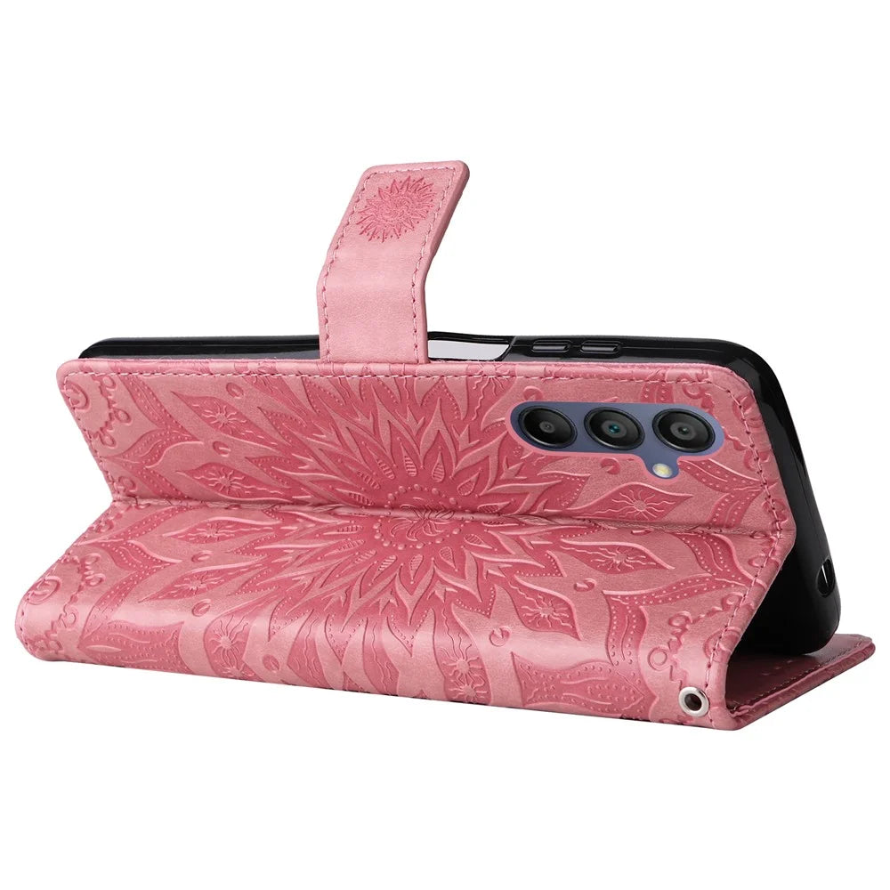 For Samsung Galaxy A26 5G / A16 5G / A16 4G Phone Case Sunflower Imprinted Leather Wallet Stand Cover with Strap - Rose - 4