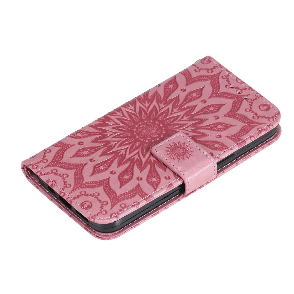 For Samsung Galaxy A26 5G / A16 5G / A16 4G Phone Case Sunflower Imprinted Leather Wallet Stand Cover with Strap - Rose - 5