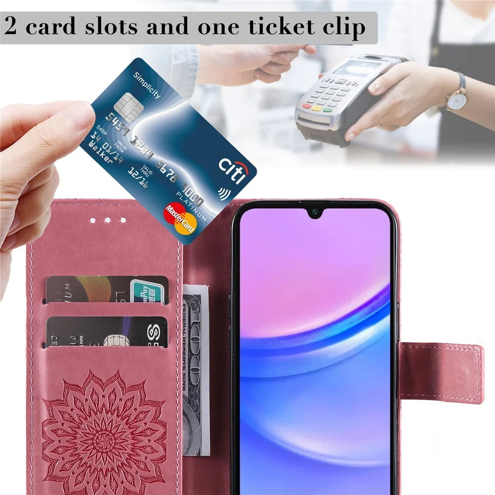 For Samsung Galaxy A26 5G / A16 5G / A16 4G Phone Case Sunflower Imprinted Leather Wallet Stand Cover with Strap - Rose - 6