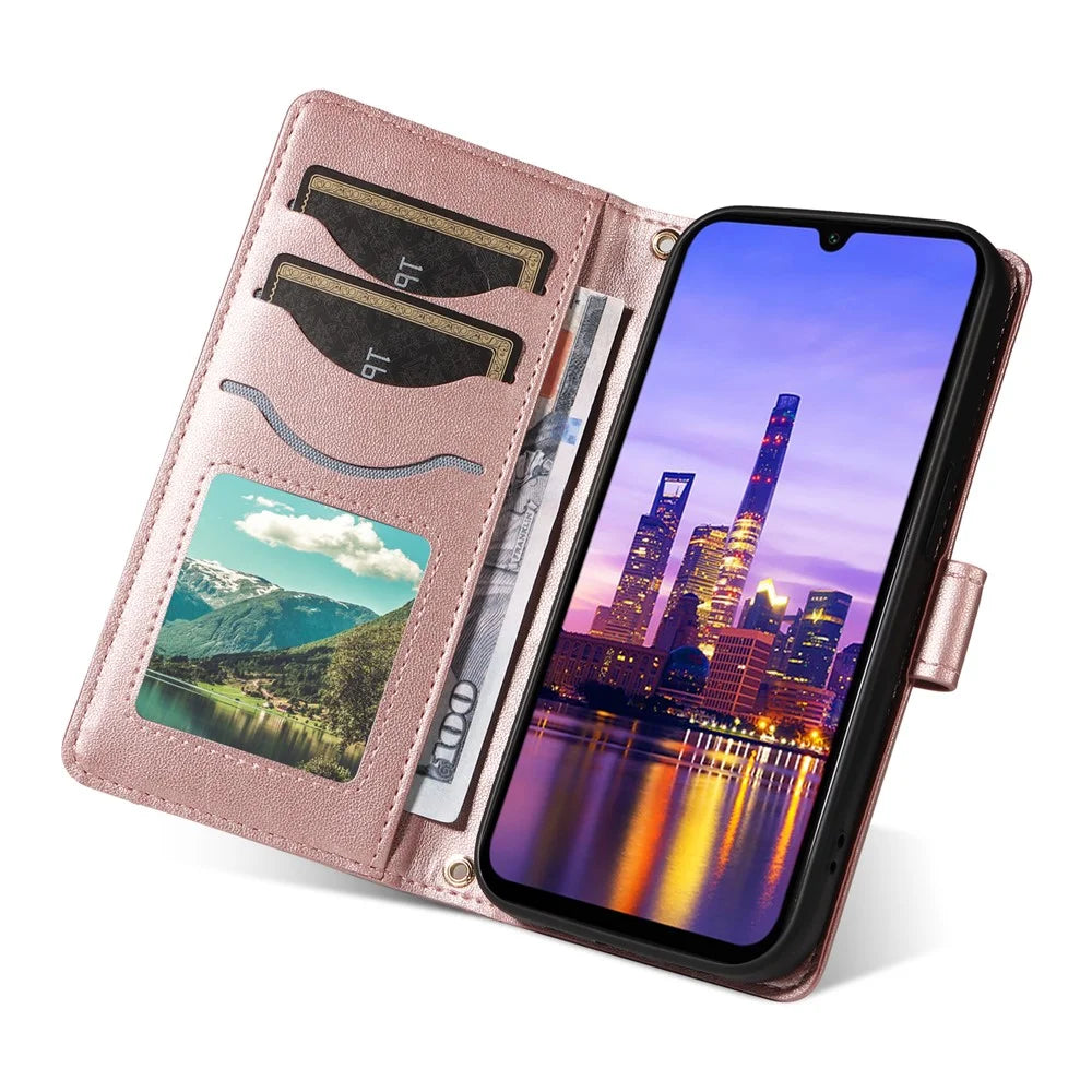 For Samsung Galaxy A18 5G / A17 5G / A17 4G / A26 5G / A16 5G / A16 4G Case Wallet Rhombus Leather Phone Cover with Shoulder Strap, Wrist Strap - Rose Gold - 5