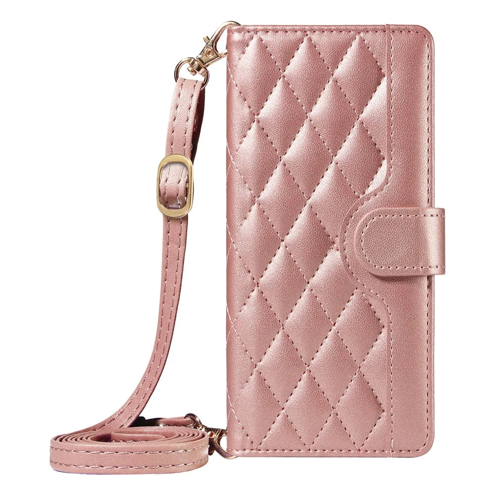 For Samsung Galaxy A18 5G / A17 5G / A17 4G / A26 5G / A16 5G / A16 4G Case Wallet Rhombus Leather Phone Cover with Shoulder Strap, Wrist Strap - Rose Gold - 6