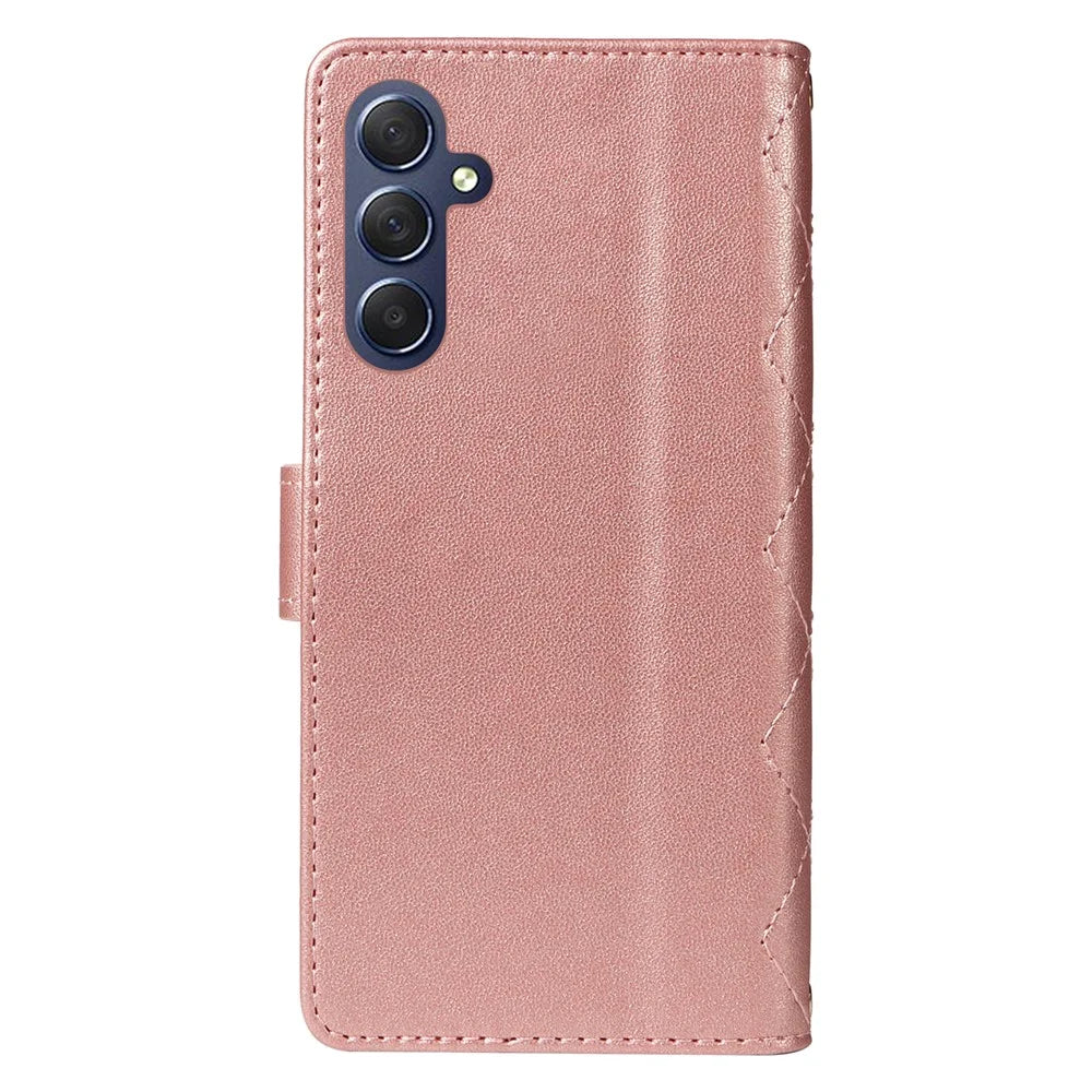 For Samsung Galaxy A18 5G / A17 5G / A17 4G / A26 5G / A16 5G / A16 4G Case Wallet Rhombus Leather Phone Cover with Shoulder Strap, Wrist Strap - Rose Gold - 7