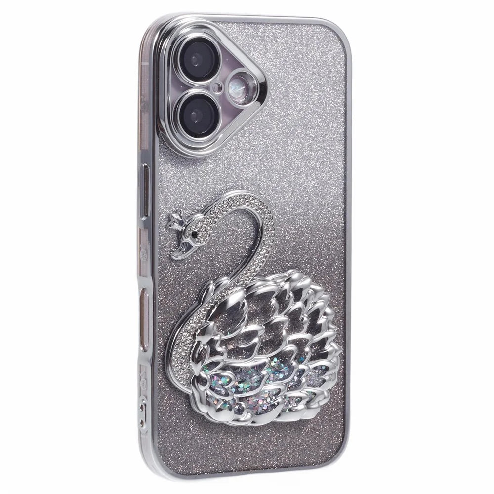 For iPhone 16 Case Swan Design Quicksand TPU Phone Cover with Glass Lens Film - Silver - 1