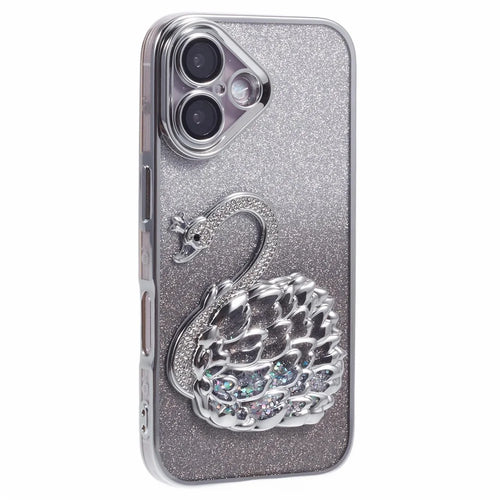 For iPhone 16 Case Swan Design Quicksand TPU Phone Cover with Glass Lens Film - Silver - 1