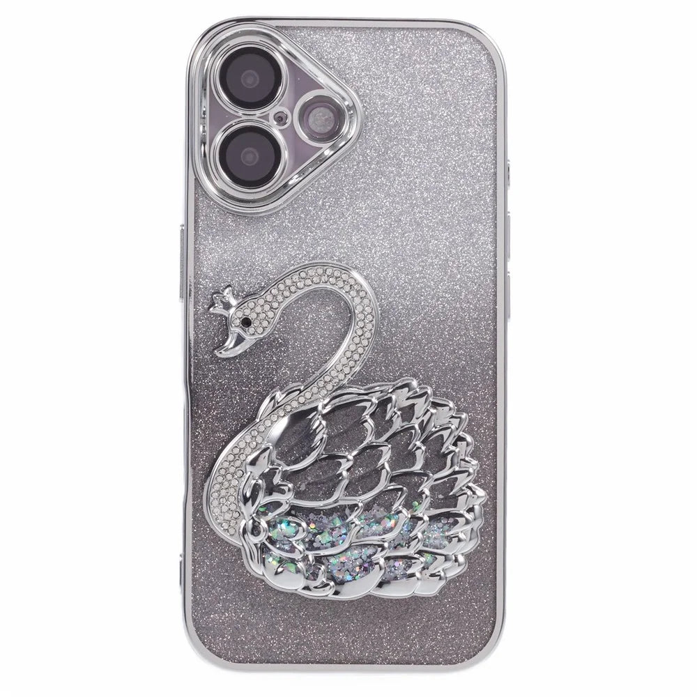 For iPhone 16 Case Swan Design Quicksand TPU Phone Cover with Glass Lens Film - Silver - 3