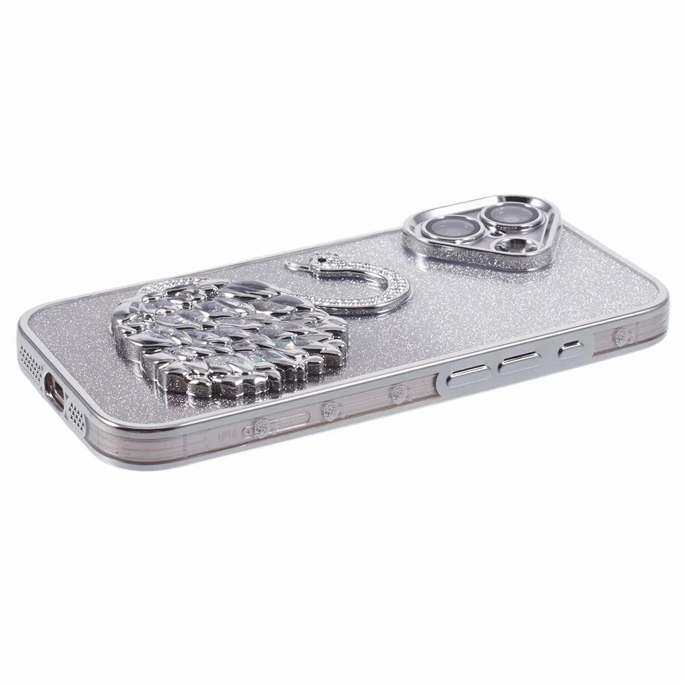 For iPhone 16 Case Swan Design Quicksand TPU Phone Cover with Glass Lens Film - Silver - 5