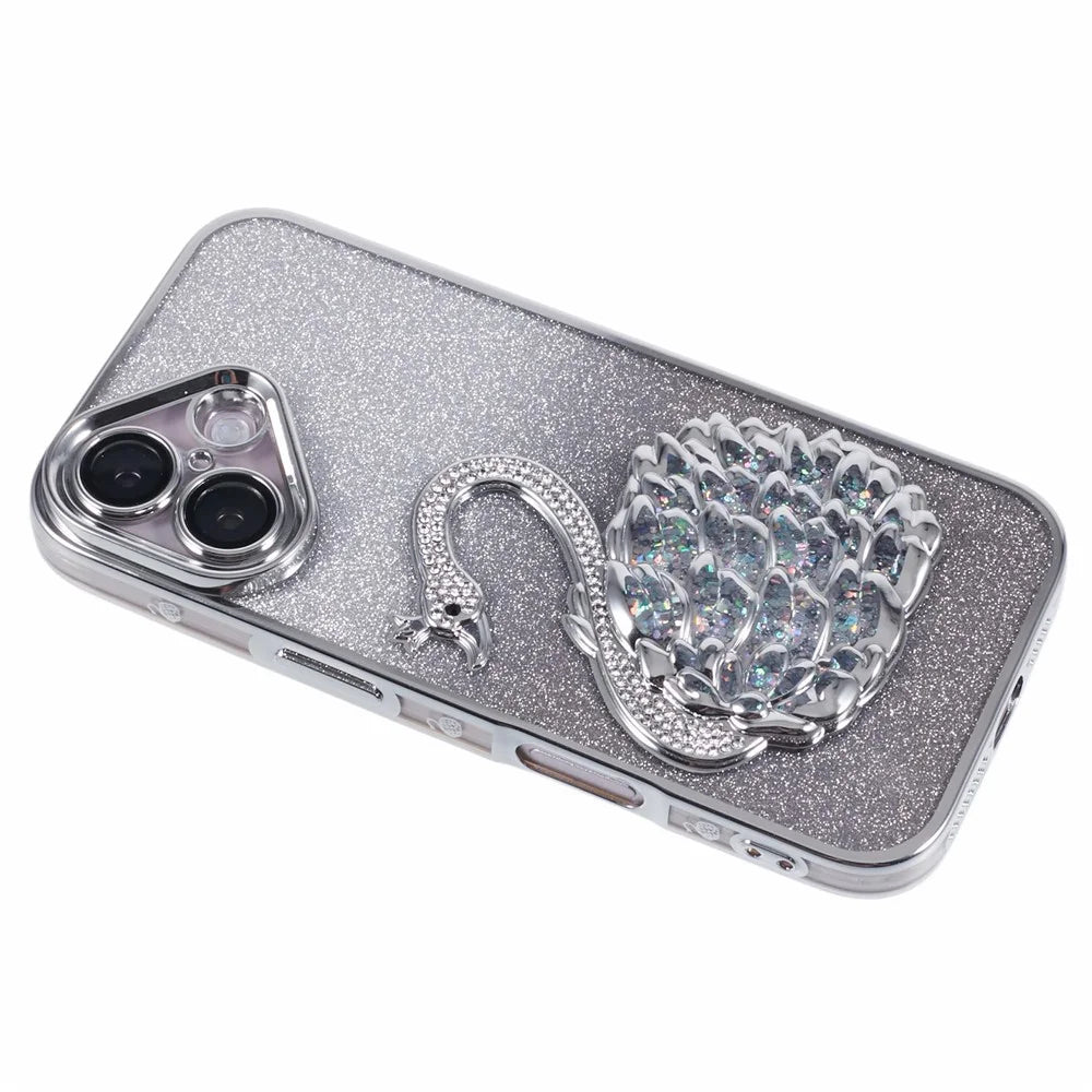 For iPhone 16 Case Swan Design Quicksand TPU Phone Cover with Glass Lens Film - Silver - 6