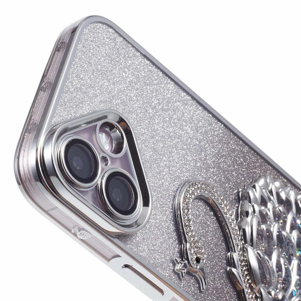 For iPhone 16 Case Swan Design Quicksand TPU Phone Cover with Glass Lens Film - Silver - 7