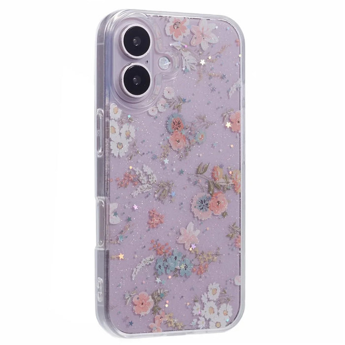 For iPhone 16 Plus Case Glitter Flower Epoxy Shockproof Phone Cover - Style A - 1