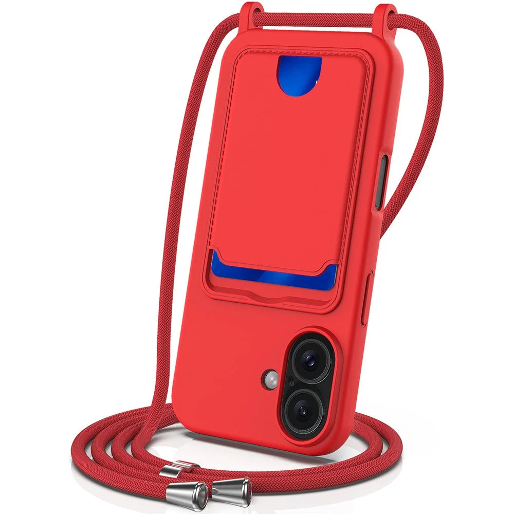 For iPhone 16 Case Liquid Silicone Card Holder Phone Back Cover with Lanyard - Red - 1
