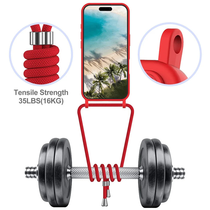 For iPhone 16 Case Liquid Silicone Card Holder Phone Back Cover with Lanyard - Red - 4
