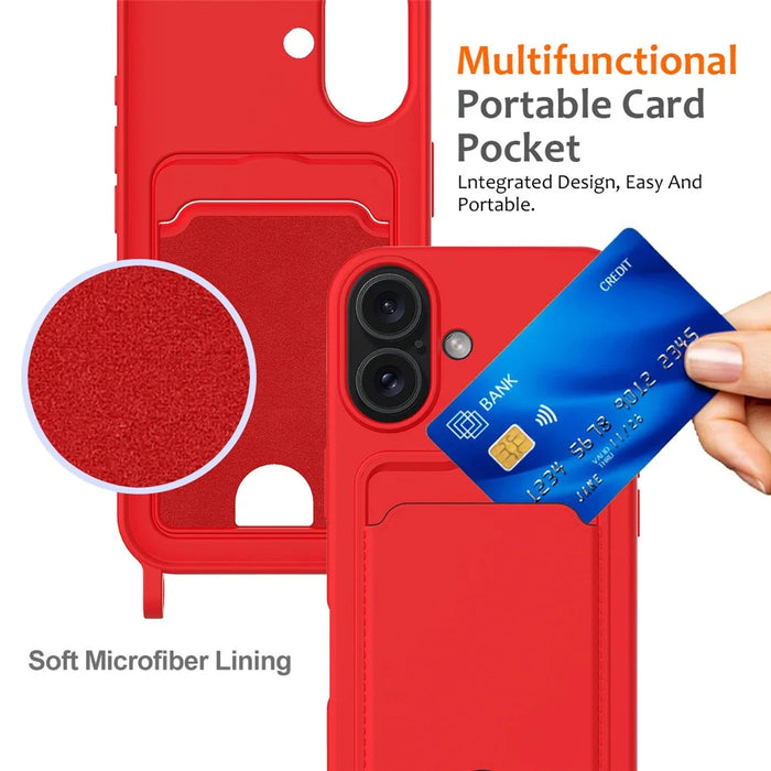 For iPhone 16 Case Liquid Silicone Card Holder Phone Back Cover with Lanyard - Red - 5