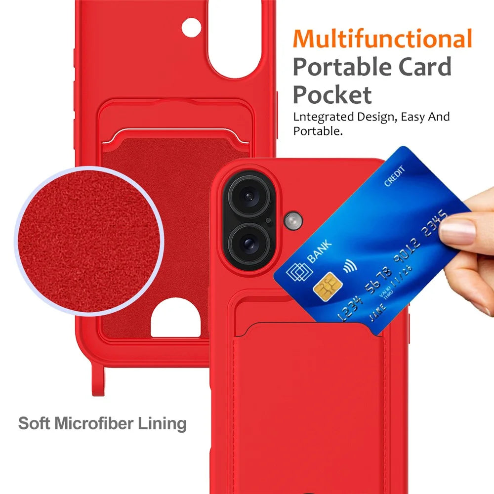 For iPhone 16 Plus Case Liquid Silicone Card Holder Phone Back Cover with Lanyard - Red - 5
